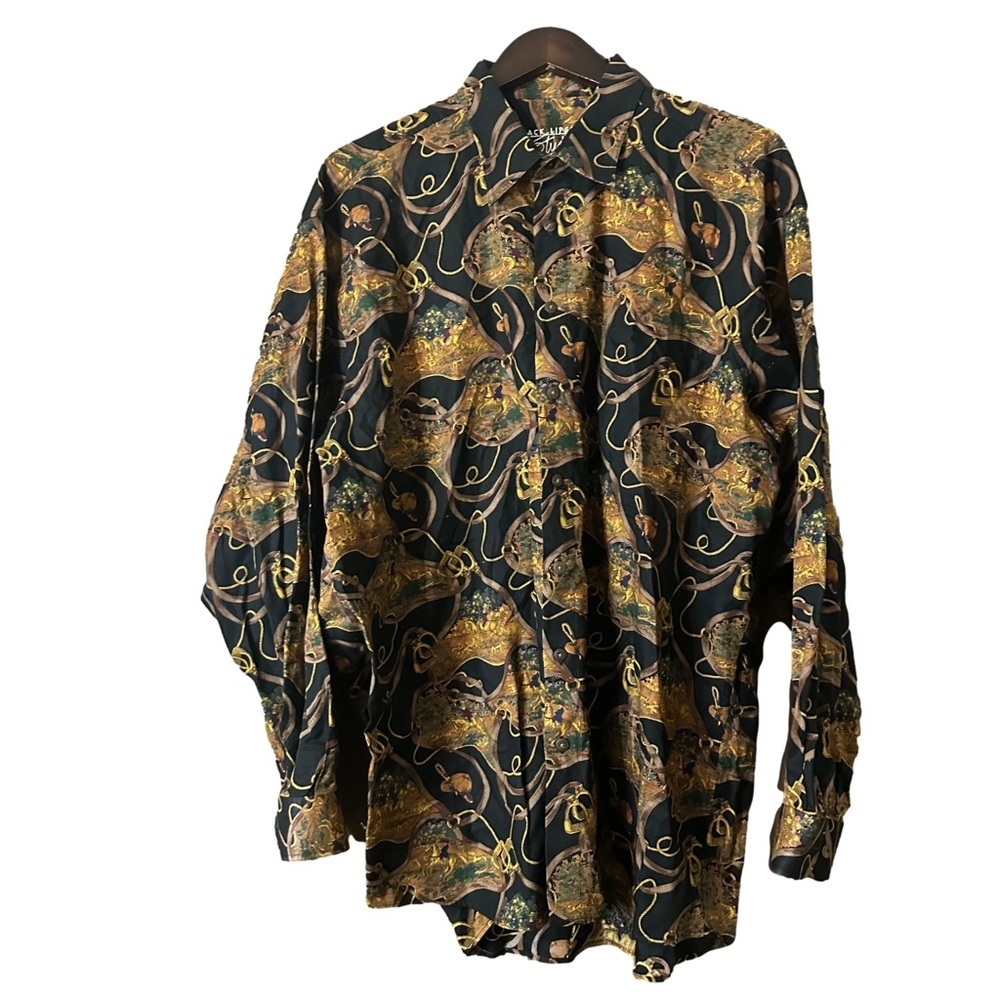 Jack Lipton Men's Black and Gold Equestrian Hunting Patterned Shirt Sz XL